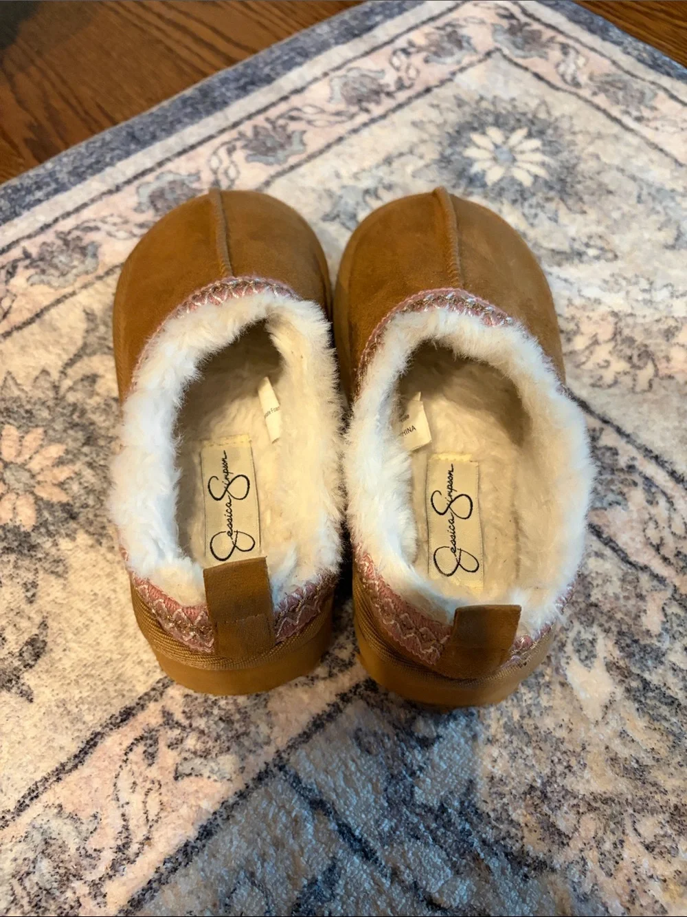Jessica Simpson Tan Faux-Suede Kids Cozy Slip-On Slippers with Pink Trim